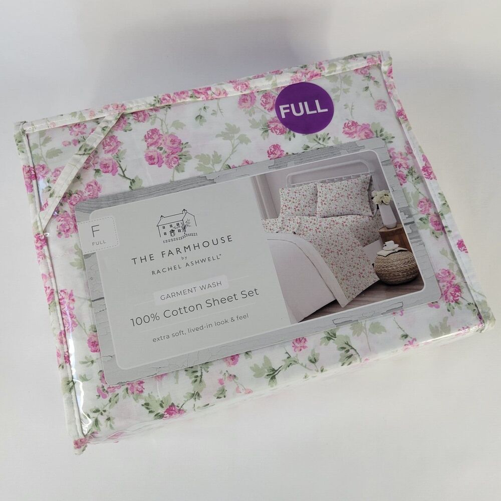 R Ashwell Farmhouse Shabby Chic FULL Sheet Set 4p White Pink Green Floral Cotton